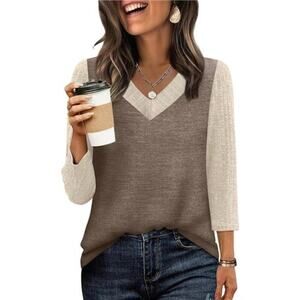 Women’s 3/4 Sleeve Dressy Casual Top – Beige & Brown Color Block Fall Shirt